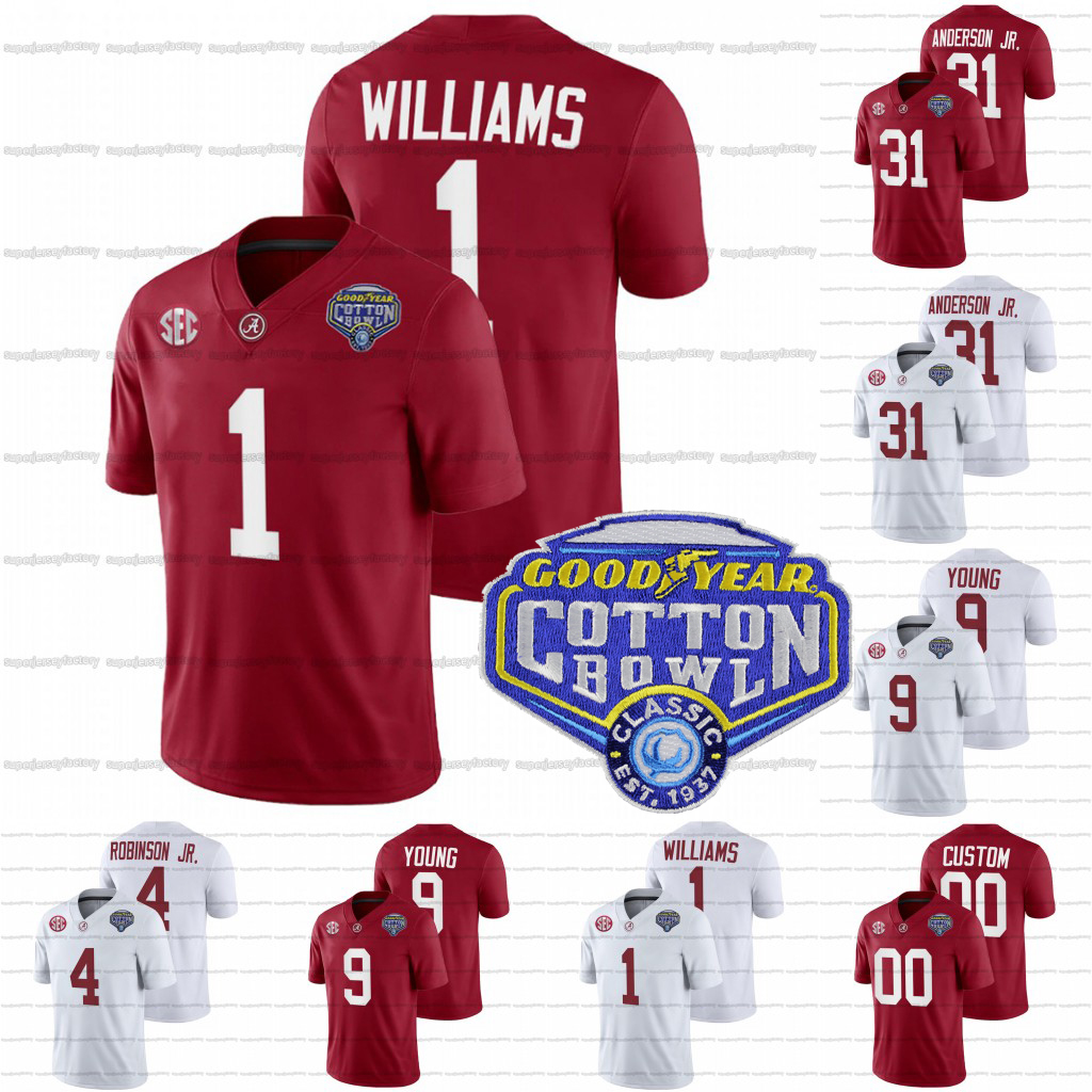 

Custom Alabama Crimson Tide Jersey College Football 2021 Cotton Bowl 1 Jameson Williams 31 Will Anderson Jr. 9 Bryce Young 4 Brian Robinson Jr. Javon Baker Jaylen Waddle, Red youth s-xl