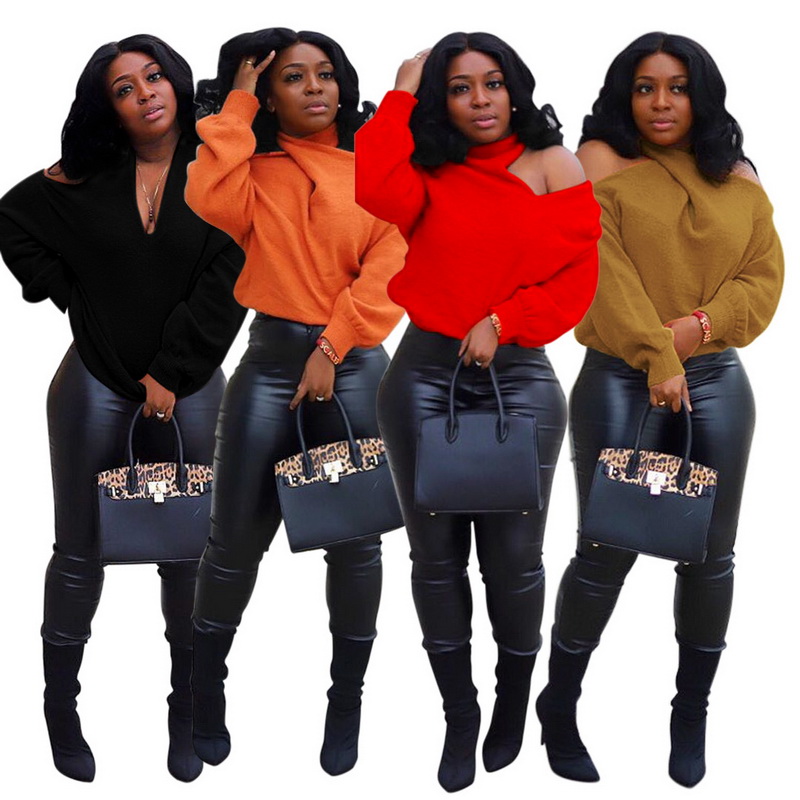 

Sexy Off shoulder Knitted Sweater Turtleneck Pullover Cold Shoulder Top 6 Colors Long Sleeve Dress Drop Shipping Pull Knit Wear-1, Packing bag