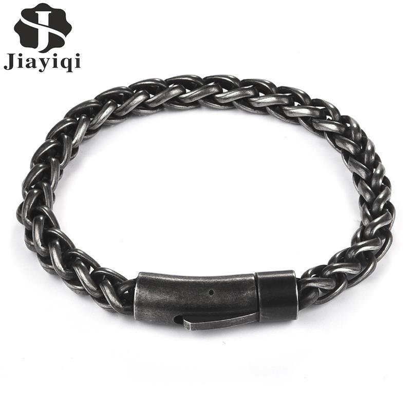 

Jiayiqi Black Vintage Punk Bracelet Men Jewelry Stainless Steel Clasp Wheat Link Wristband Rock Hip Hop Cool Male Gift Accessory