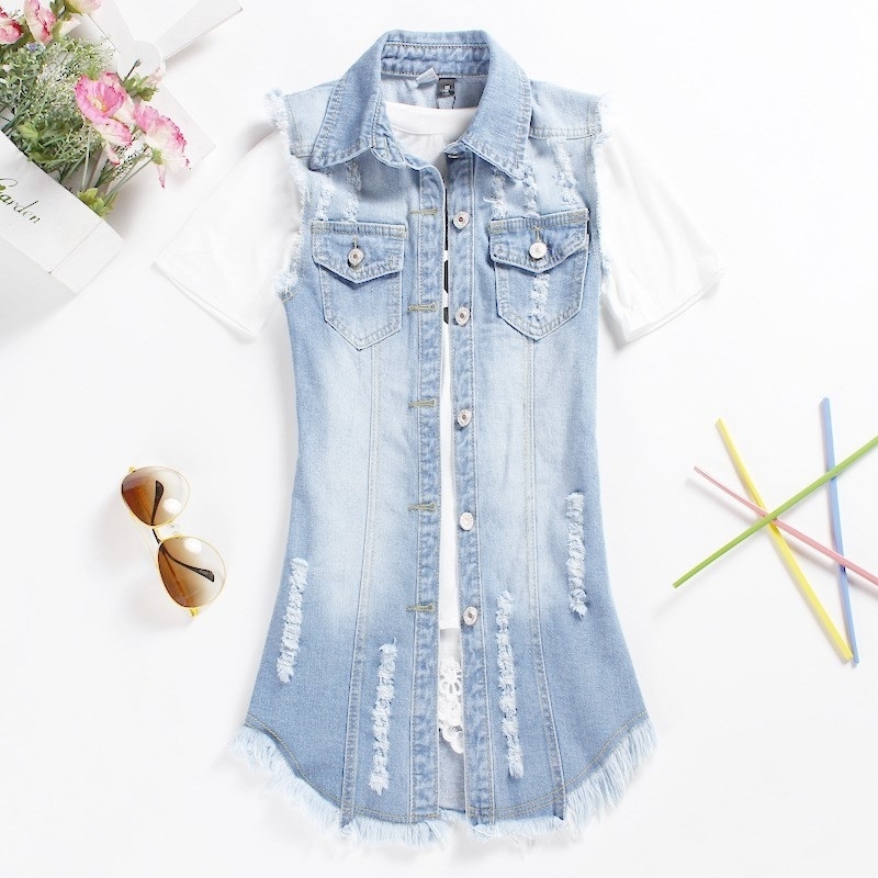 

Women Vest Spring Autumn Turn Down Collar Vest Long Denim/Jean Vest Women Plus Size Ladies 5XL Sleeveless Vests Jacket Women Top 201110, Blue