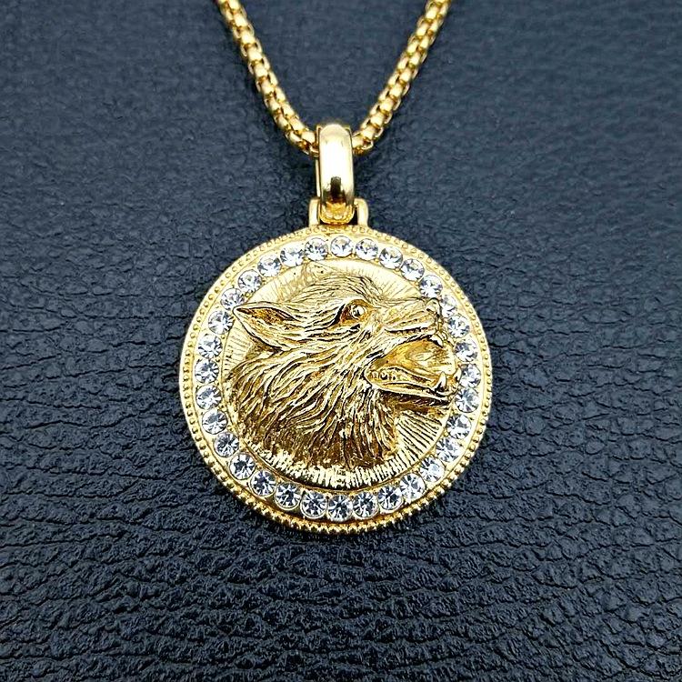 

Iced Out Wolf Head For Men Gold Color Stainless Steel Rhinestones Bling Jewelry Hip hop round Pendant Necklace Drop Shipping