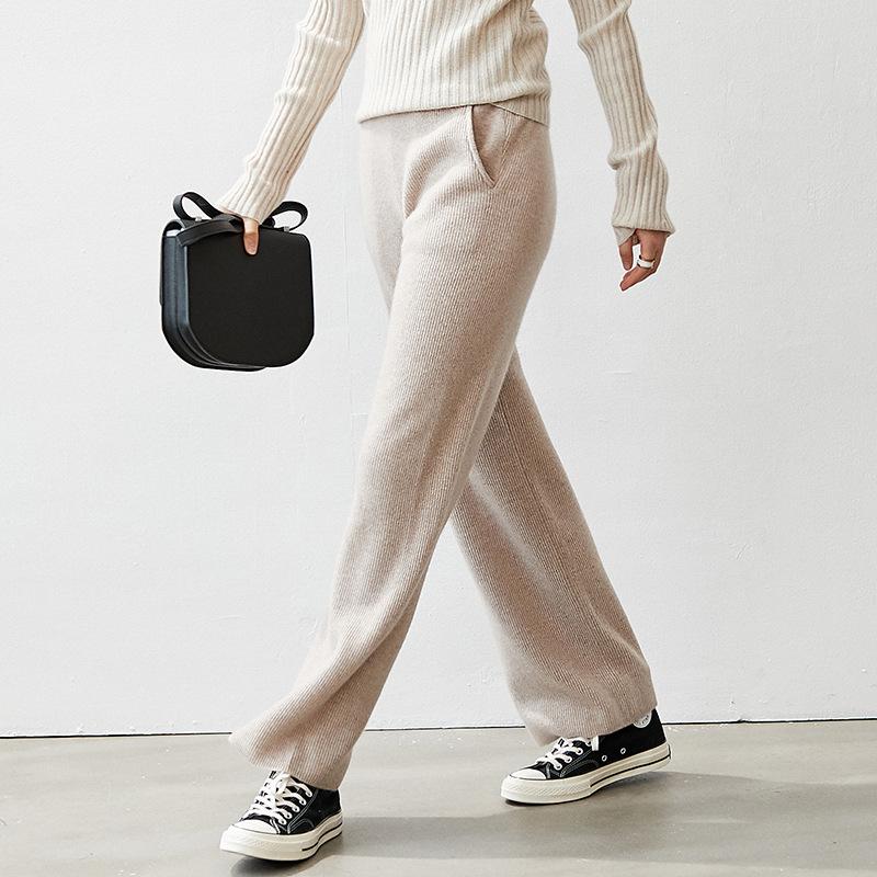 

100% Cashmere Straight Pants Women Casual Style Mid Elastic Waist 4 Colors Full Length Pants Simple Design New Fashion, As picture