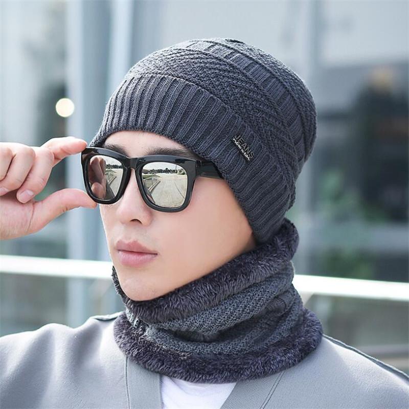 

Men Winter Warm Hat Set For Women Cable Knitted Beanie Hat And Ring Scarf 2 Pcs Set 2020 Male Adult Soft Stretch Cap Scarves