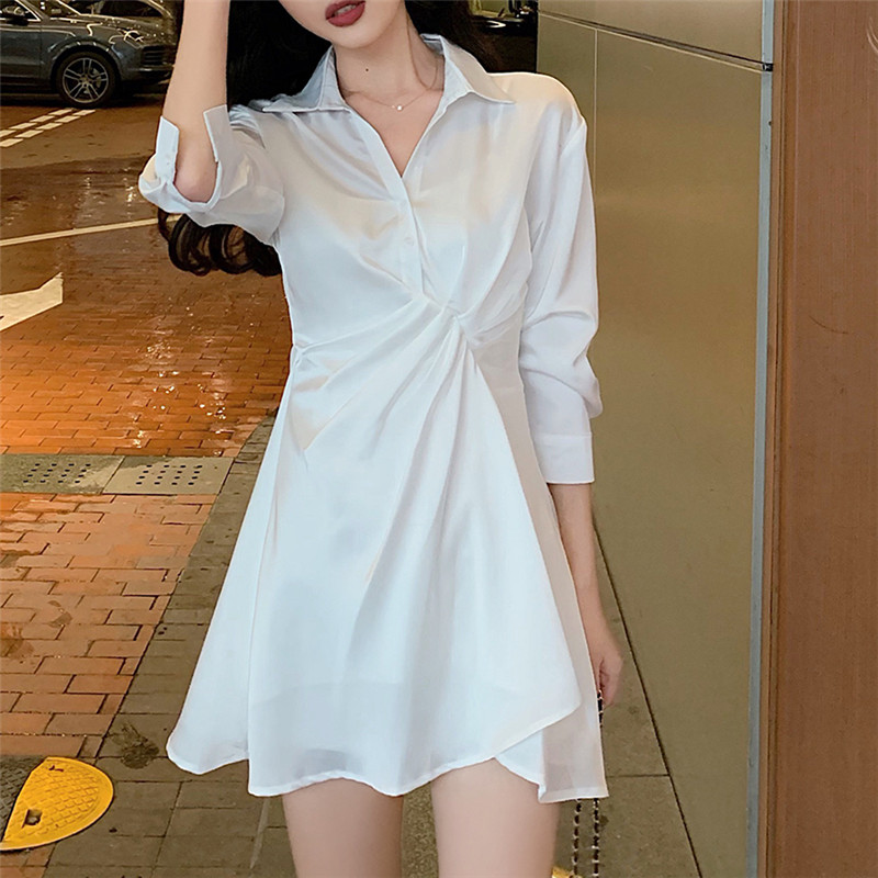 

2021 Fold Design Sense White High Waist Ruched Long Sleeves Shirt New Korean Autumn Elegant Ol Dress 47ZQ