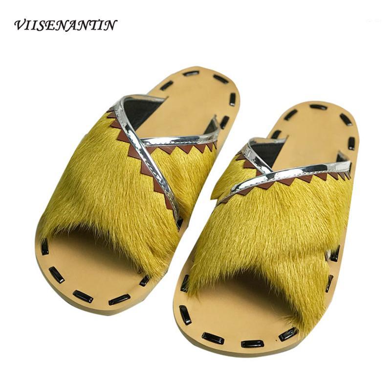 

VIISENANTIN Chic Lady Outdoor Slipper Shoe Wool Fur Flat Slides Yellow Blue White Black Stylish Mules Lazy Shoe 2020 Summer1