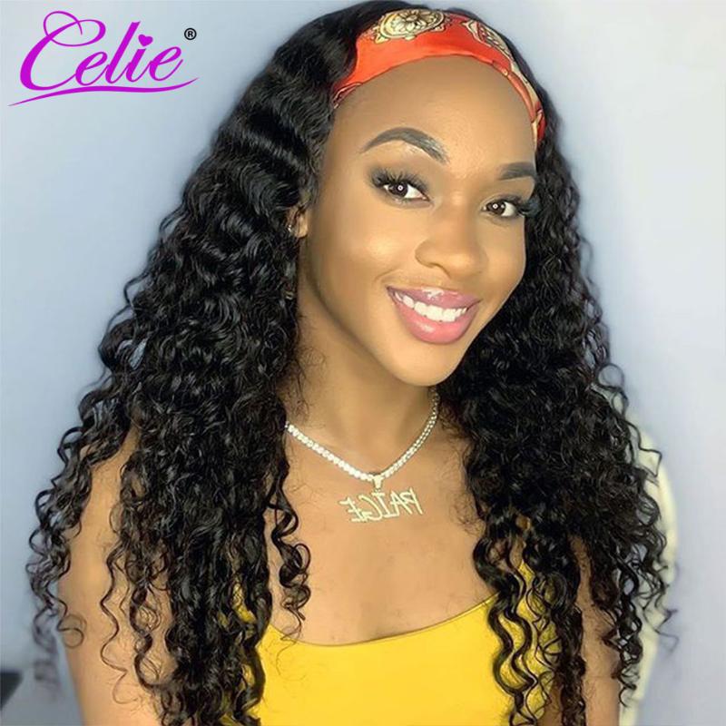 

Celie Headband Wig Deep Wave Frontal Wig Glueless 150% Ice Silk Scarf Headband Human Hair Wigs For Black Women Deep Wave, As pic