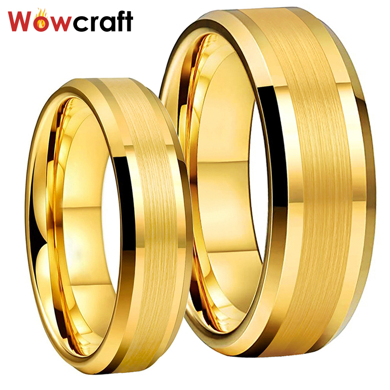 

6mm 8mm Mens Womens Gold Tungsten Carbide Wedding Band Rings Beveled Edges Polished Matted Finish Comfort Fit Personal Customize