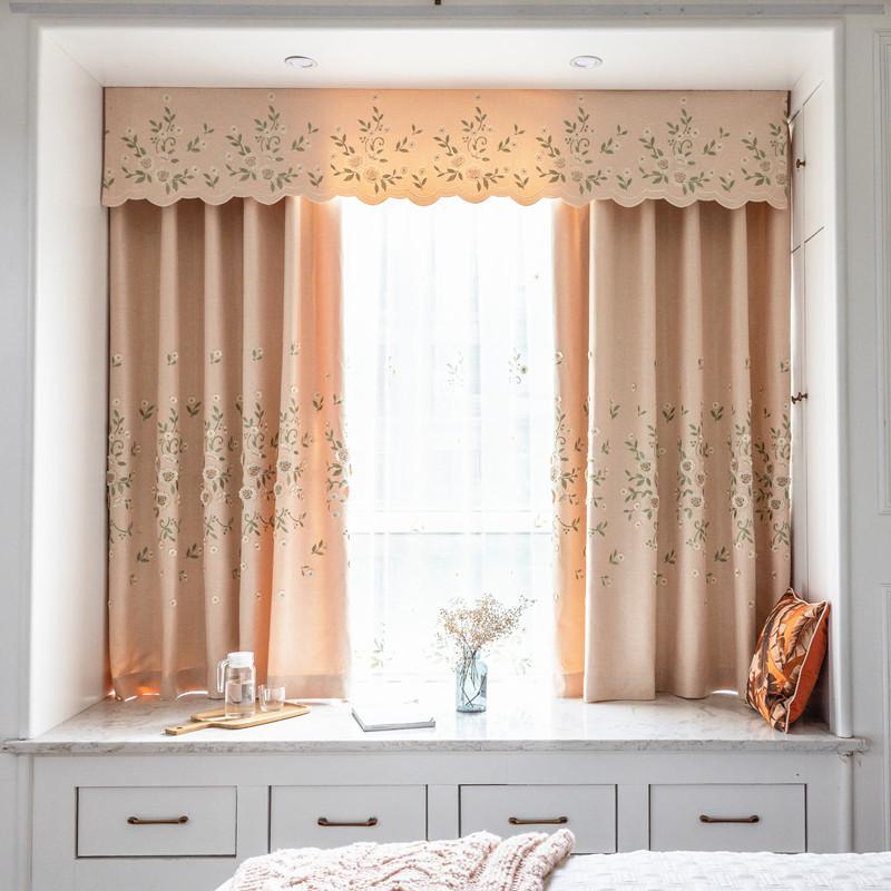 

European Pastoral Beige Cotton and Linen Relief Embroidery Curtains for Living Dining Room Bedroom, Tulle