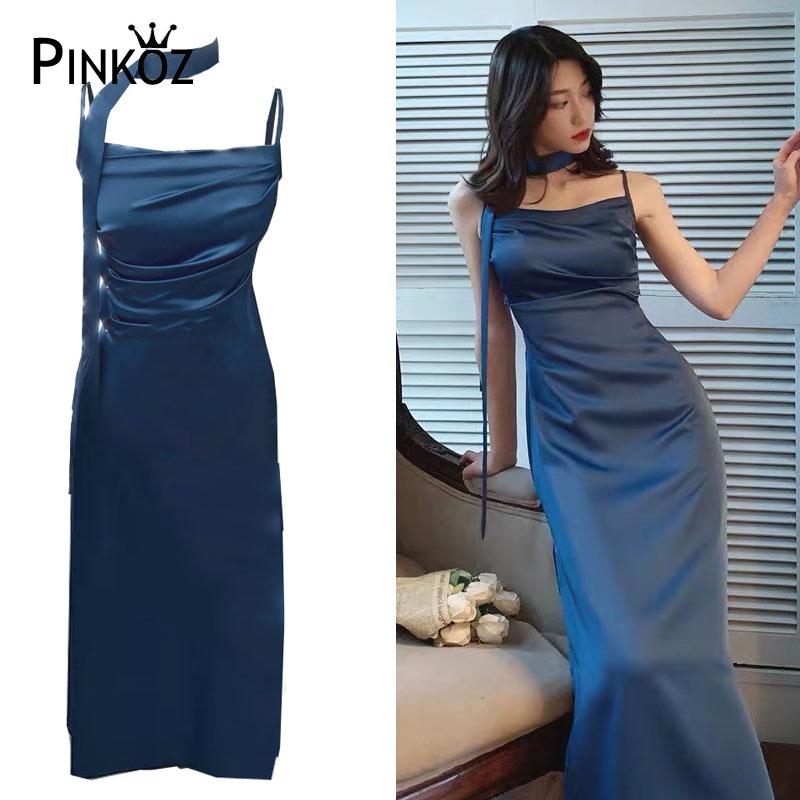 

Pinkoz summer holiday navy blue satin ruched spaghetti strap midi dress casual daily beach dresses robe mujer femme chic vestido