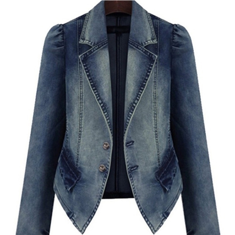 

Women Hole Pocket Button Denim Jacket Patchwork Turn-down Collar Large Size Dignified Autumn Winter Coat Women New Fashion 201210, Blue