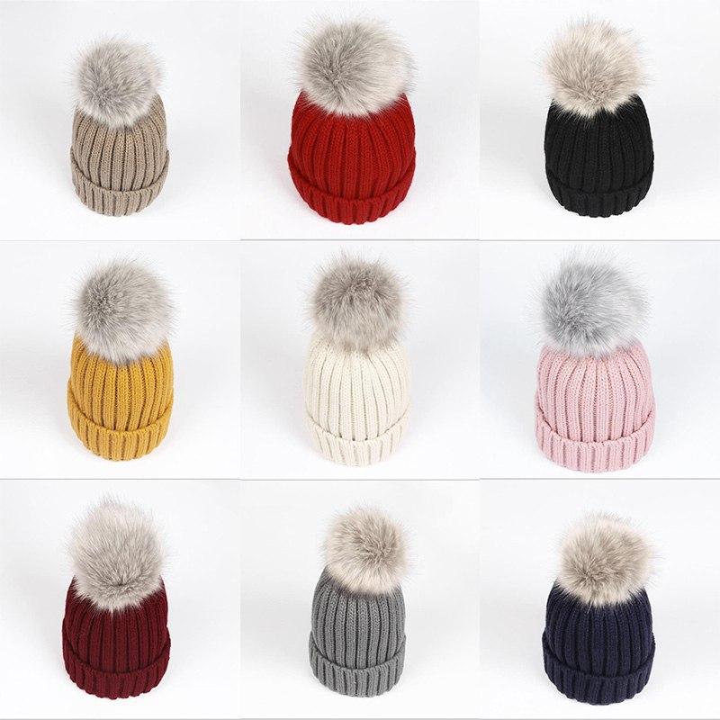 

Women Beanie Hat Ladies Faux Fur Winter Bobble Pom Ski Hat Detachable Knitted, Black