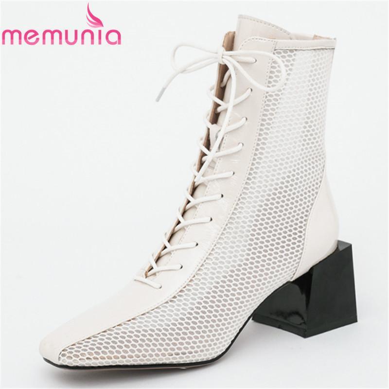 

MEMUNIA 2020 New arrival fashion ankle boots genuine leather boots thick heels square toe lace up women black white1
