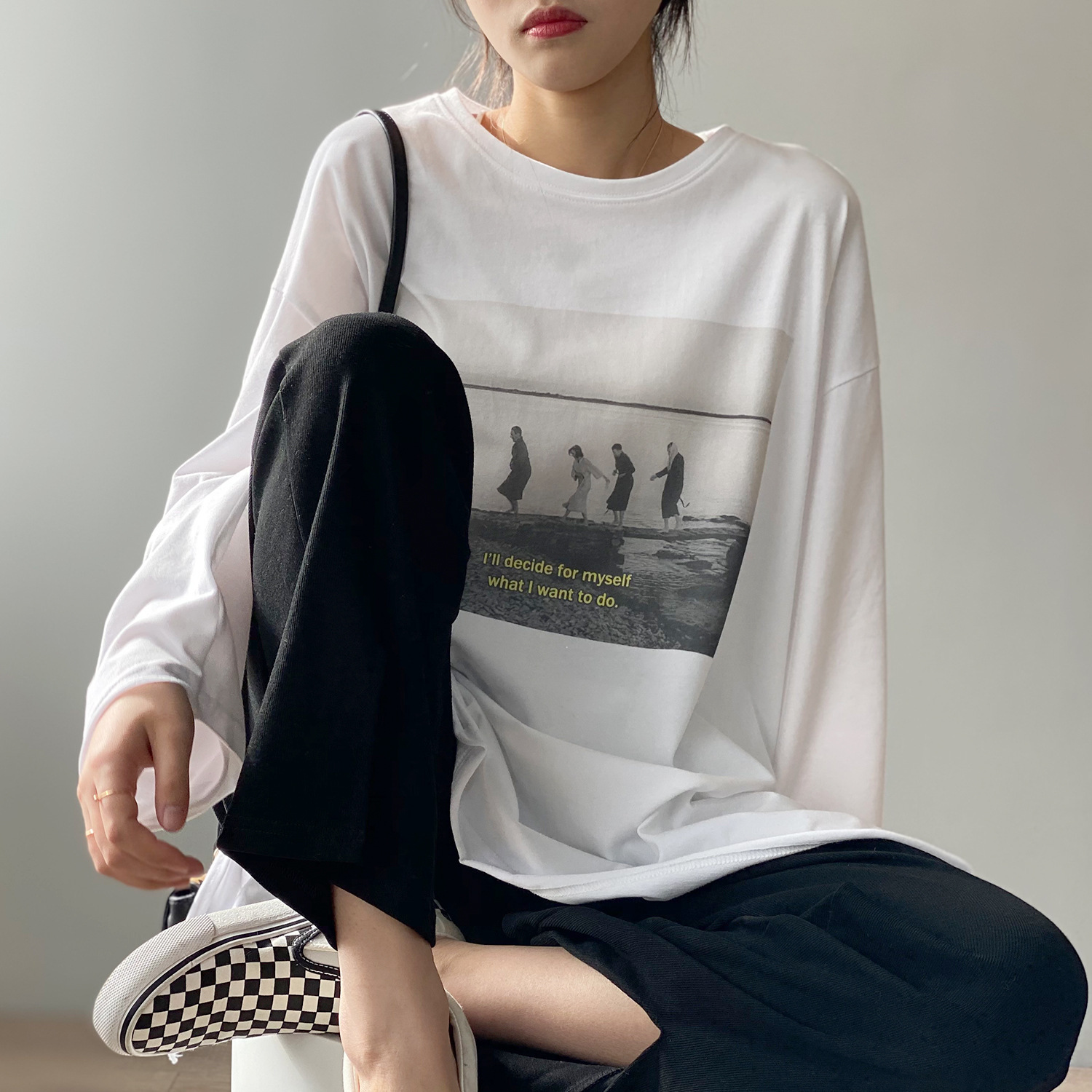 

New 2021 Spring the Neck T-shirts Long Sleeve 100% Cotton Printing Material Topos Boyfriend Freestyle Women White Shirts Gtkx, Black