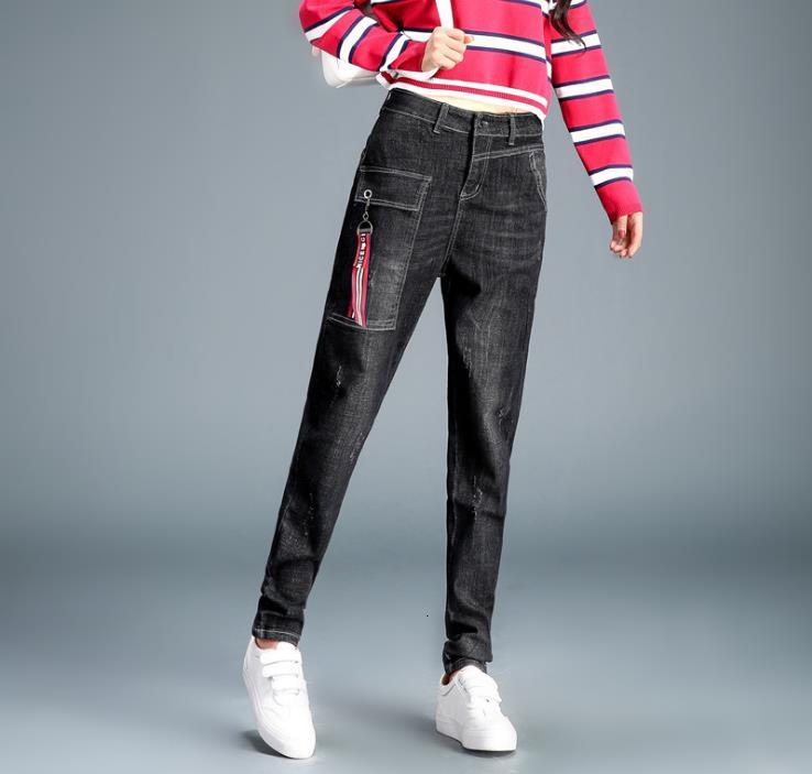 

Spring Women Hare Black Thin Denim Pants Pocket Big Size E9bl