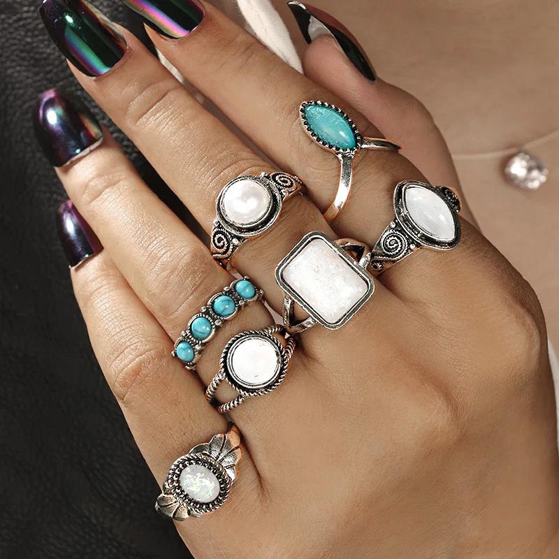 

RAVIMOUR 7Pcs Set Statement Knuckle Rings for Women Geometric Opal Stone Boho Jewellery Punk Vintage Bague Femme Bijoux