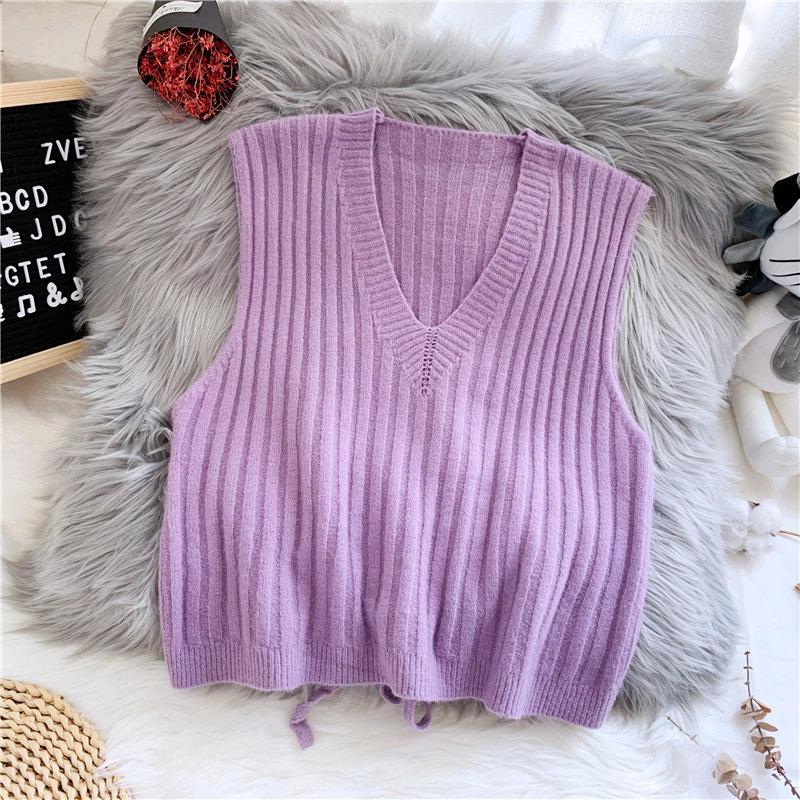 

Make v-neck knitted vest female han edition of autumn new fund machine hollow out bind sleeveless vest jacket back carefully, Purple