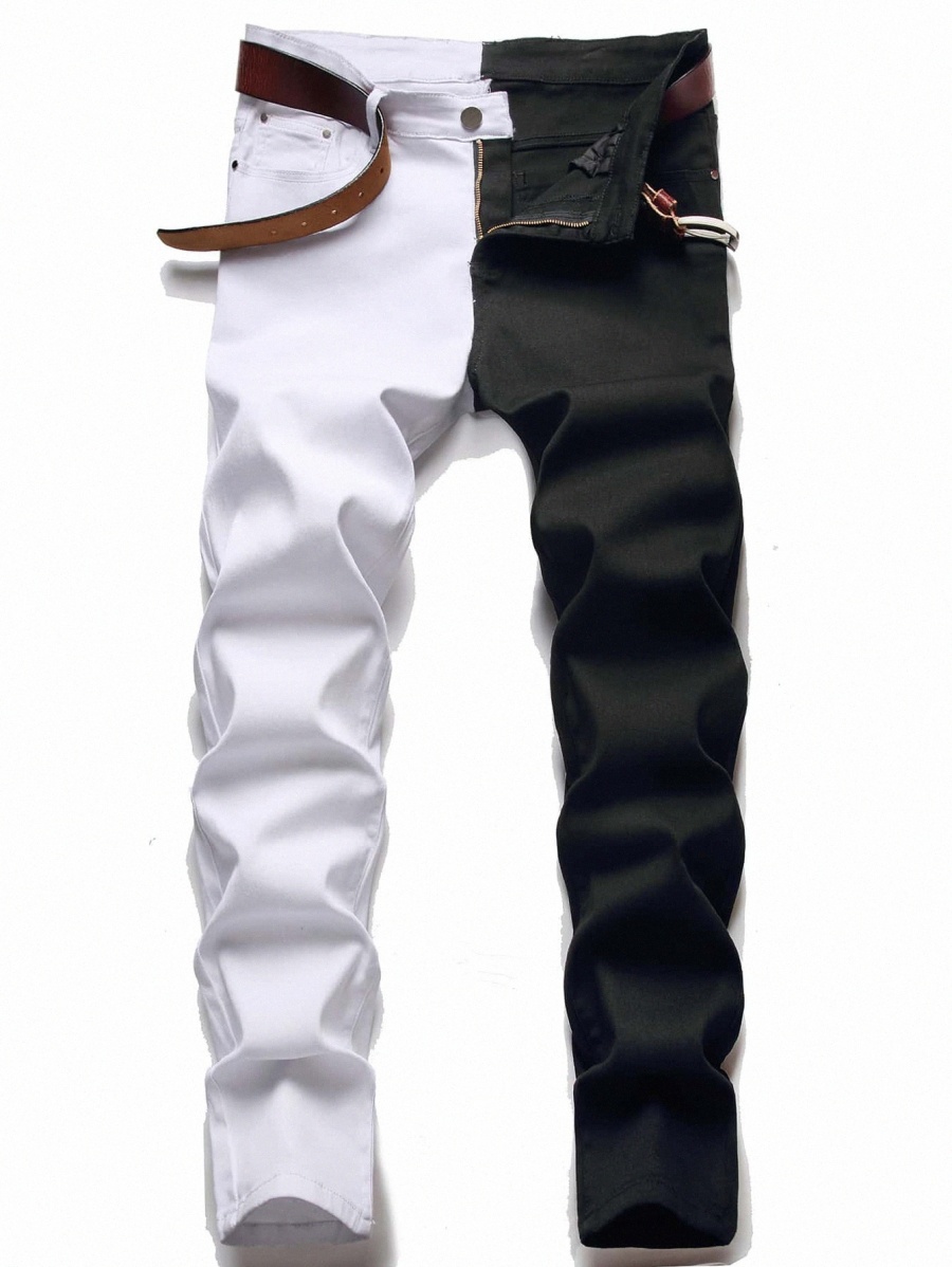

Men Two Tone Zipper Fly Jeans Without Belt b88C#, Black and white