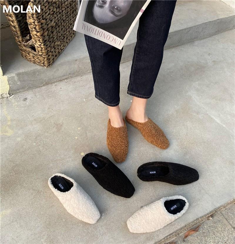

MOLAN Brand Designer 2020 Winter Korean Fashion Soft Wool Flat Slippers Fur Slides Female Shoes Loafers Mules Flip Flops Casual1, White