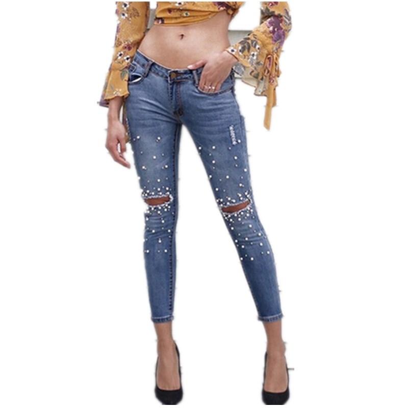 

Womens Stretch Skinny Denim Pant Pearled Jeans Bodycon Slim Jeggings Low Waist Pearl Pencil Pants Denim Trousers for womens, Blue