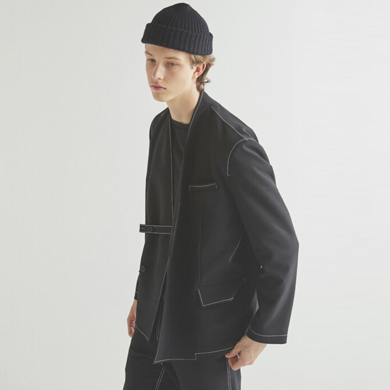 

2021 New S-7xl!! Men's Plain v No Collar White Line Thin Jacket WD7N, Black