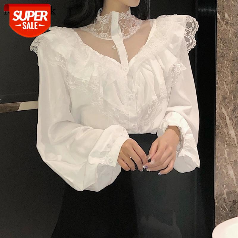 

2021 Autumn New Arrival Lace Women Blouse Puff Sleeve Sweet Sexy Womens Blouses Ruffles White Shirt Women Blusas De Mujer 10783 #4S9s