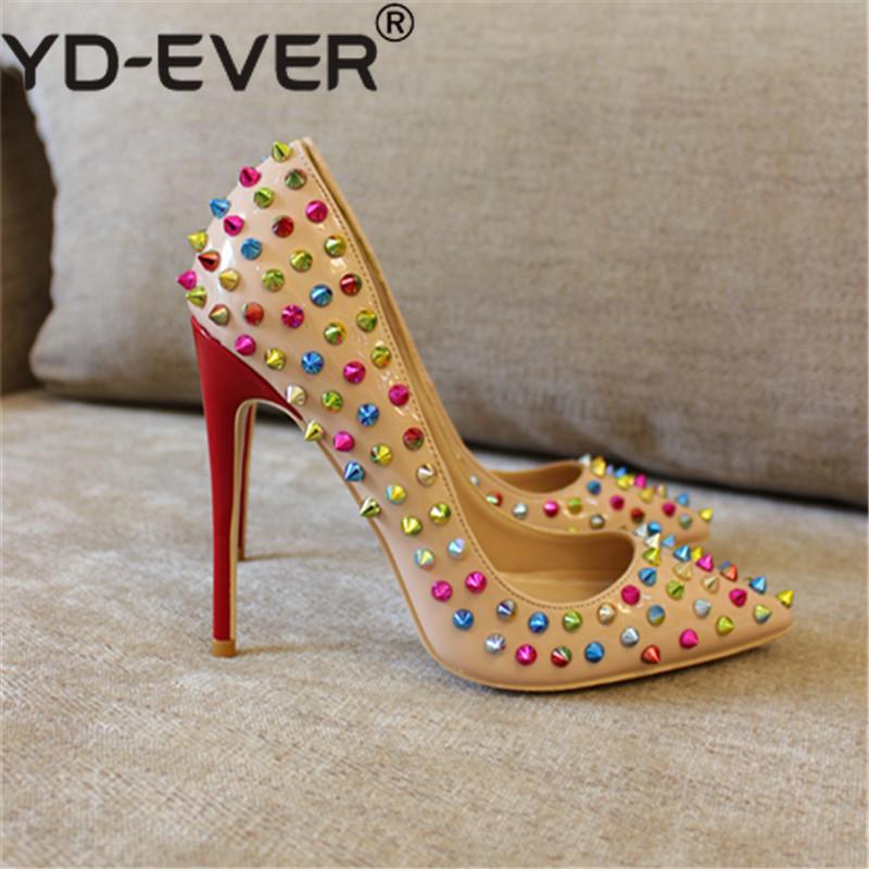 

Free shipping fashion women Pumps lady Nude patent leather studded spikes Pointy toe high heels shoes size33-43 12cm 10cm 8cm, Nude 12cm