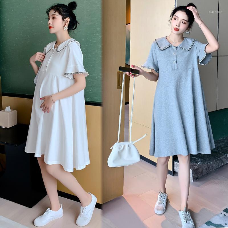 

2021 New Maternity Nursing Clothes Summer Cotton Short Sleeve Loose Stylish Breastfeeding Dress for Pregnant Women Mom Dress1, White