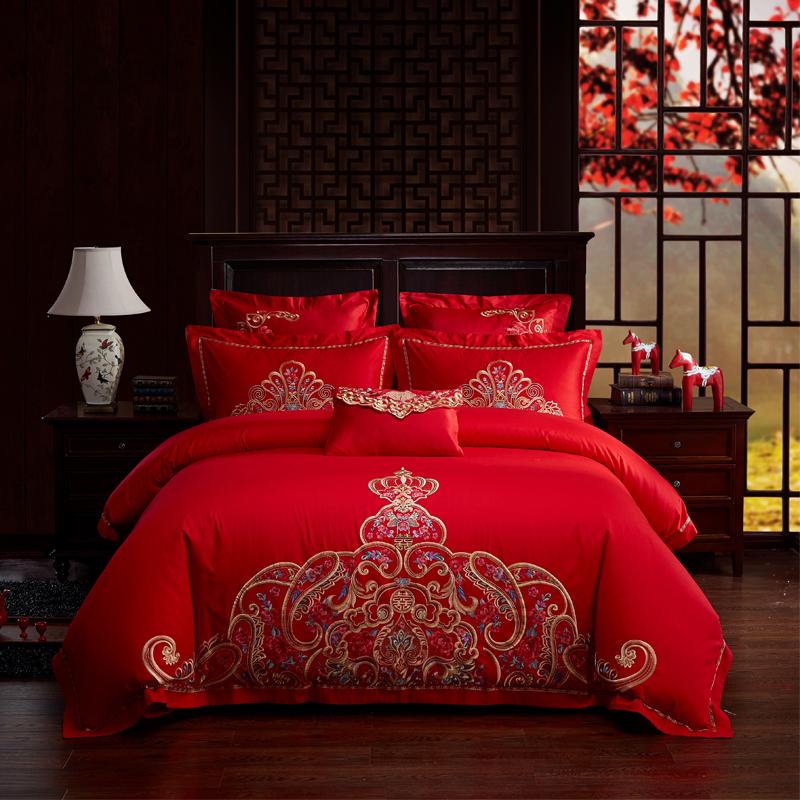 

100% Cotton Luxury The Crown Wedding Bedding Set Embroidery Duvet Cover Set Bed Sheet Pillowcases Queen King 4/6/7pcs Size, Hyf1