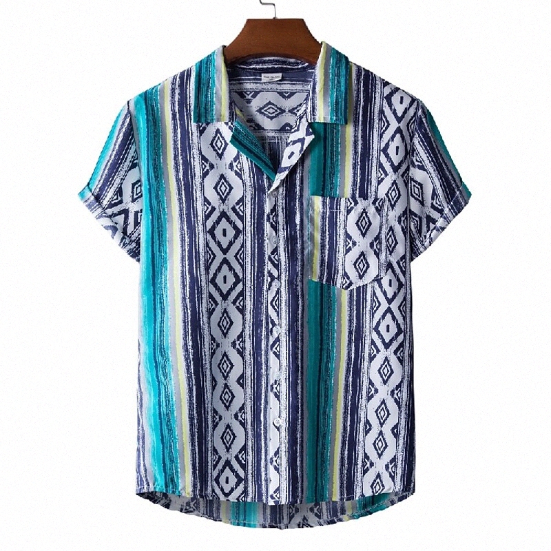 Men's Shirt Other Prints Striped Classic Collar Casual Holiday Print Short Sleeve Tops Tropical Beach Navy Blue l431#