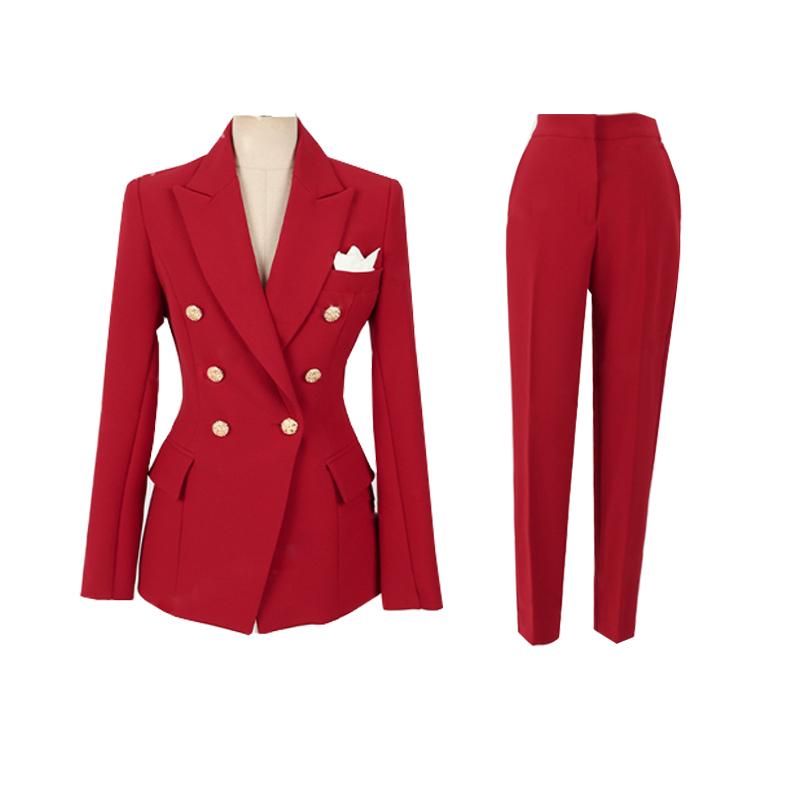 

Fashion Women Blazer Suits Long Sleeve Double- breasted Blazer Pants Suit Office Ladies Two-piece Sets 2020, Red