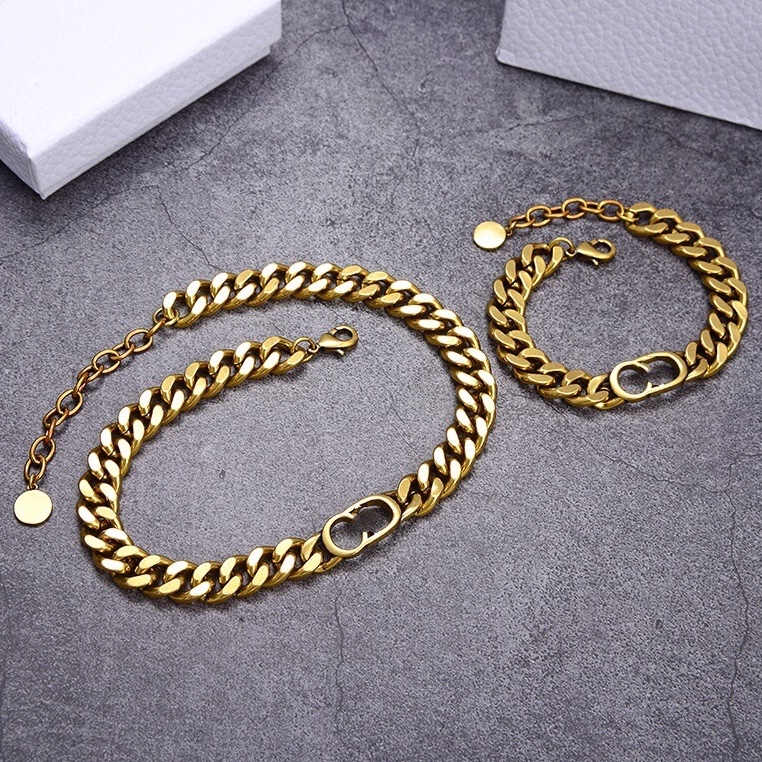 

Luxury Designer women Bracelet Necklaces fashion jewelry sets thick chain with letter D Stamps Brass Beads chain for party hot sale, Silver