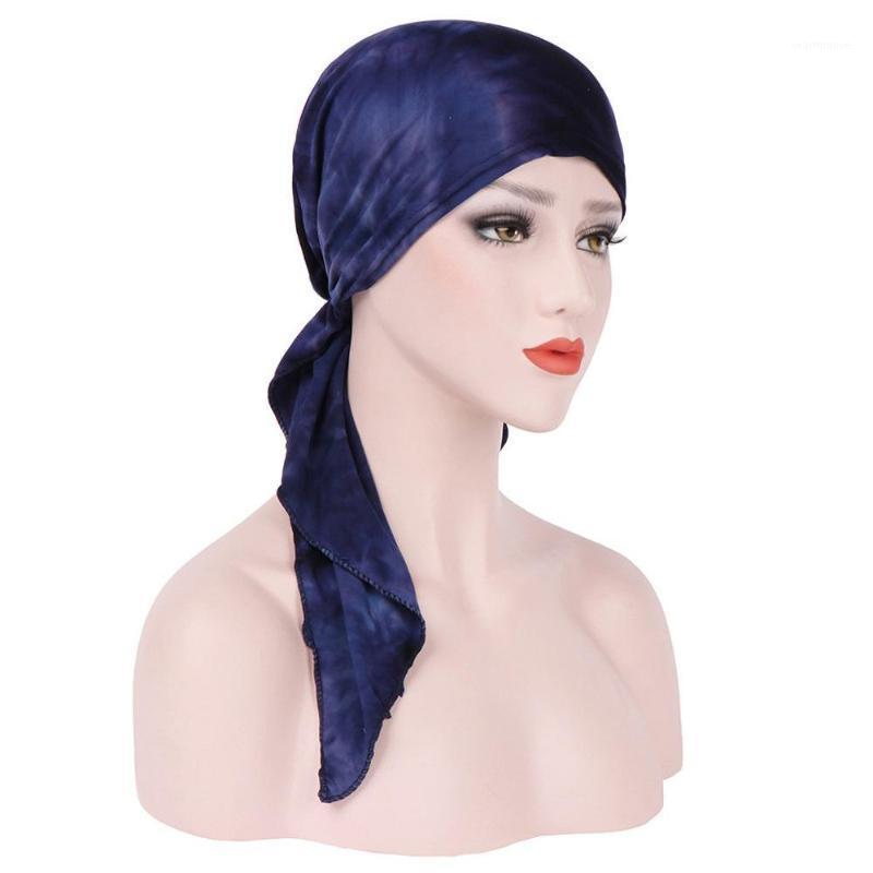

Hats Women Muslim Flower Print Hat Turban Cap Cover Hair Loss Head Scarf Wrap Pre-Tied Headwear Strech Bandana Caps A401, Blue