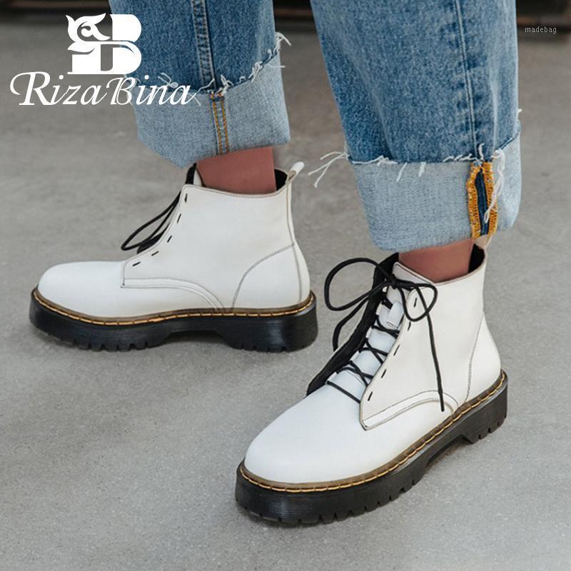 

RIZABINA Genuine Leather Woman Ankle Boots Cross Strap Winter Shoes Woman Warm Flats Short Boot Office Lady Footwear Size 34-411, Black without fur