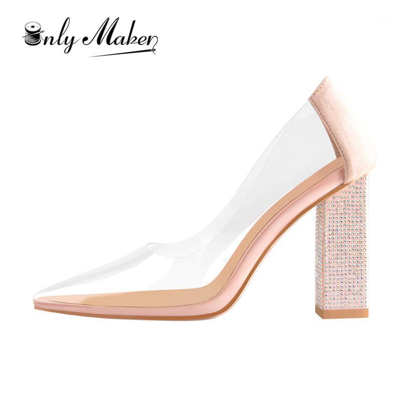 

Onlymaker Women 10CM High Heels Clear Slip-on Pointed Toe Pumps PVC Chunky Rhinestone Heel Simple Elegant Big Size1, S191137b