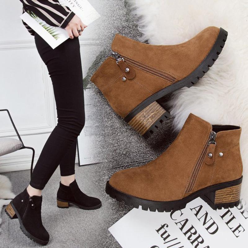 

Vintage Women Boots Fashion Pure Color Round Toe Zipper Boots with thick scrub European Ladies Rubber Flock shoes1, Black