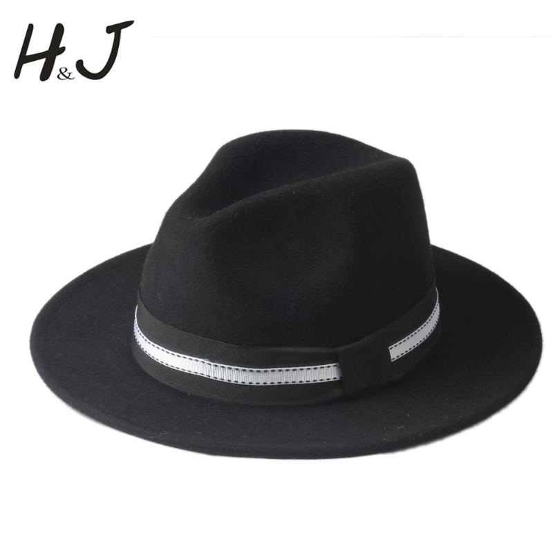 

New Arrival Wool Women's Men's Winter Autumn Fedora Hat With Wide Brim Black Ribbon Sombreros Jazz Cap Panama Top Hat 25