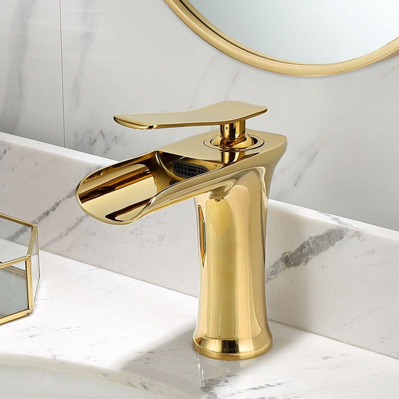 

Bathroom Basin Faucet Gold Short Brass Sink Waterfall faucet Single Hole Cold Hot Water Tap Basin Mixer Tap Torneira