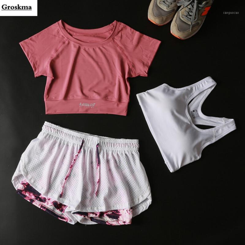 

2020 Newest women yoga 3 piece set crop top t shirt+bra+shorts outdoor sportswear training clothing fitness gym suit sets1, 3 piece set i