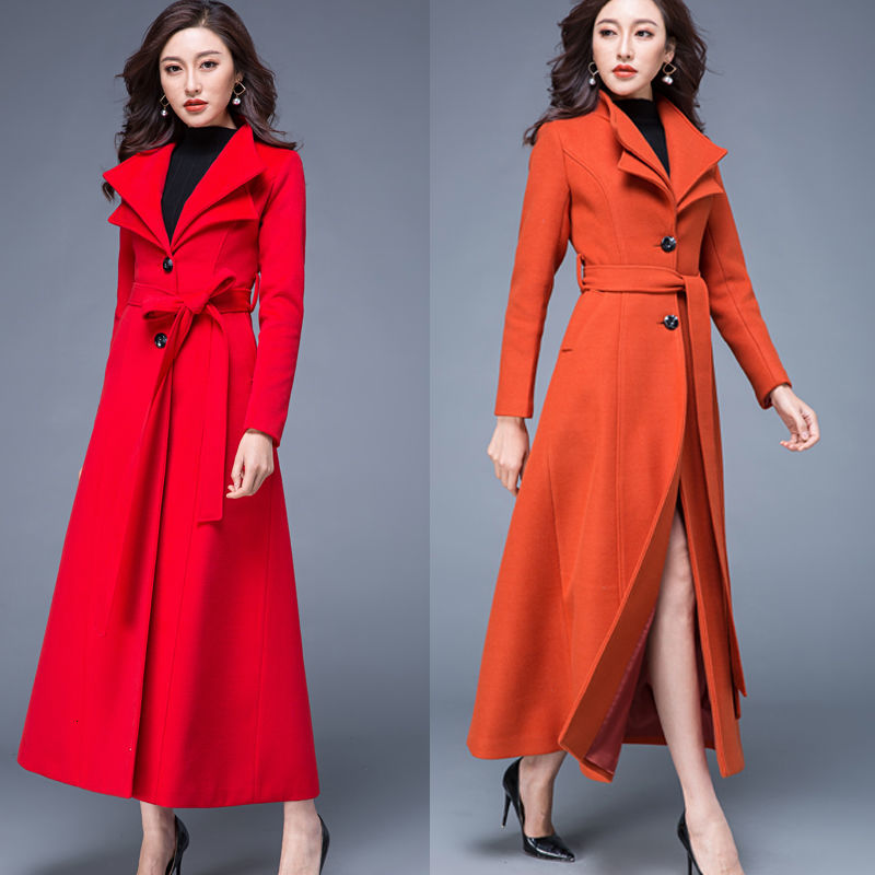 

2021 Women Long Overcoat New Female Autumn Winter Coat High-end Woolen Jacket Femme Fashion Wool Coats B610 4rv7, Red