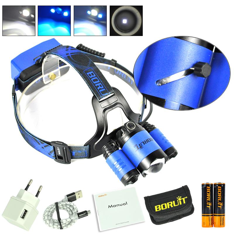 

BORUiT B22 LED Headlight Zoomable XM-L2+2xXPE Blue LED Headlamp Fishing Headlight Torch 18650 Rechargeable Headlamp