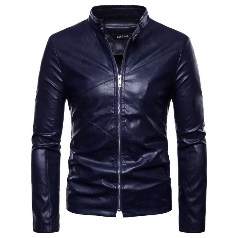 

Men's PU Leather Jacket Chest Pocket Loose Velvet Warm Solid Stand Collar, Black
