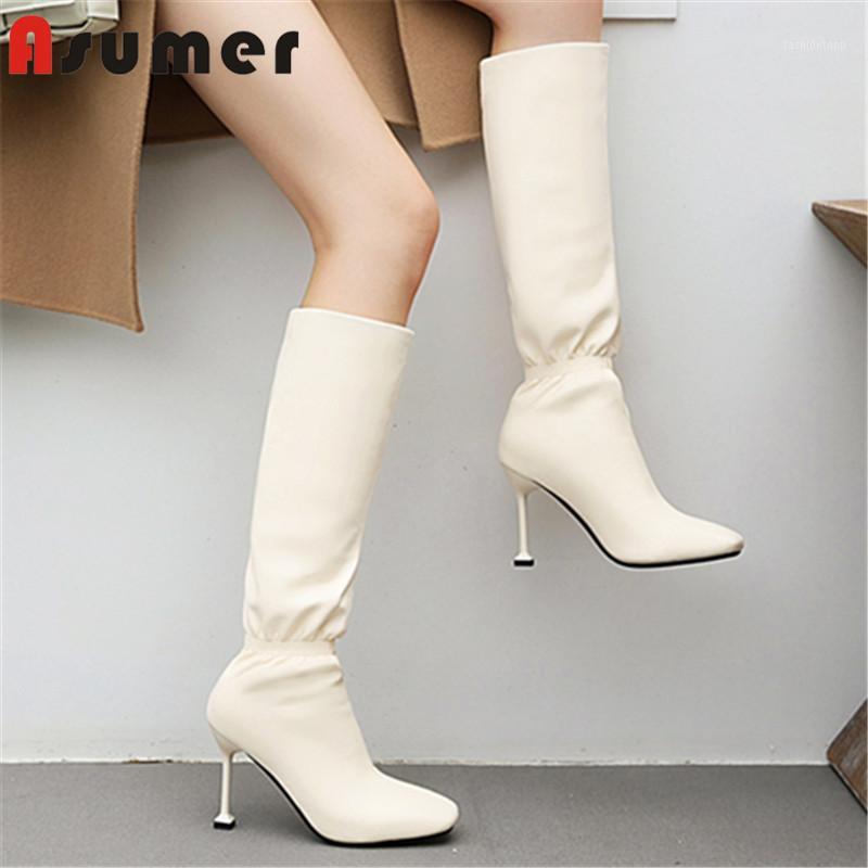 

ASUMER 2020 new fashion party wedding shoes women knee high boots sexy thin high heels autumn winter long boots woman big size1, Beige