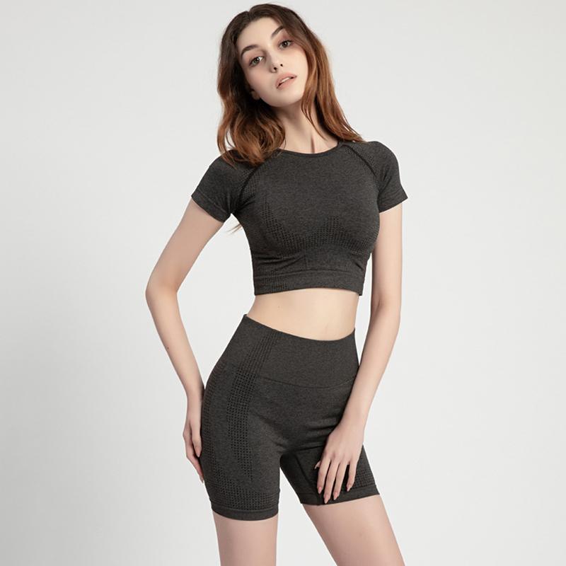 

Yoga Set Fitness Clothing Sports Wear for Women Sports Short-sleeved T-shirt Suit Quick-drying Running Yoga Shorts Fitness Suit, Black