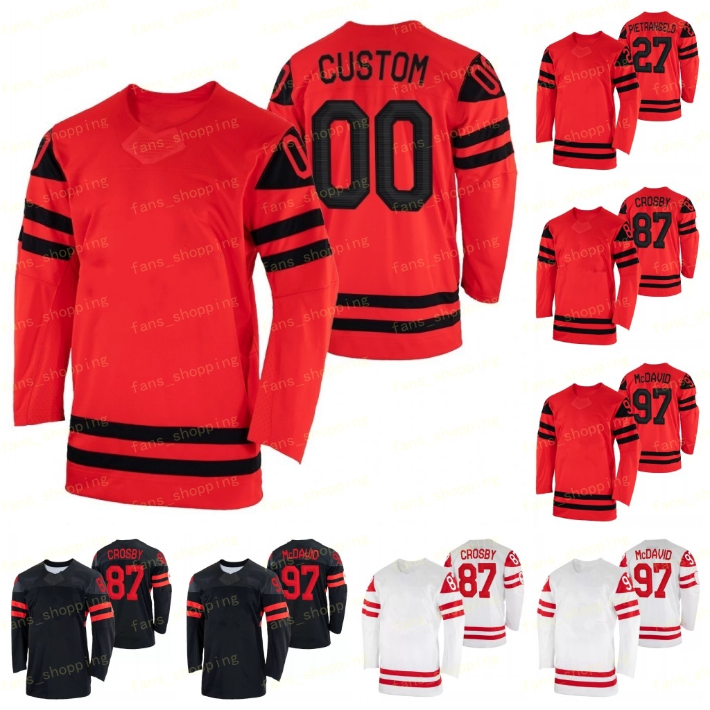 

Canada Team 2022 Winter Jersey 97 Connor McDavid 87 Sidney Crosby 29 Nathan MacKinnon 16 Mitch Marner 37 Patrice Bergeron 91 John Tavares ho, Black;red
