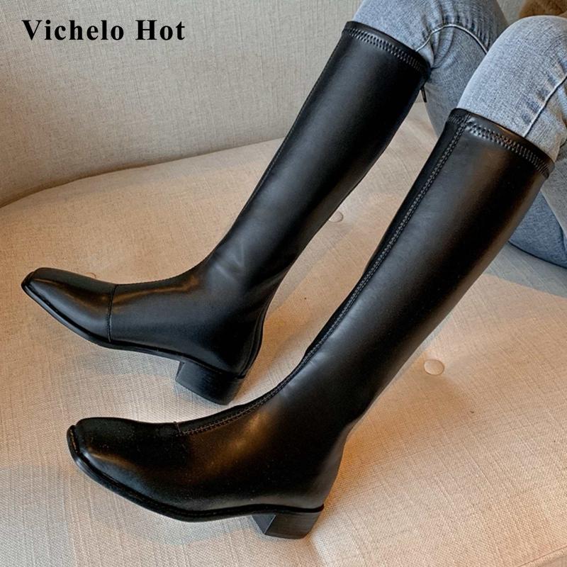 

Vichelo Hot 2020 hot saling european design square toe thick med heel back zipper comfortable office lady knee-high boots L6f7, Black