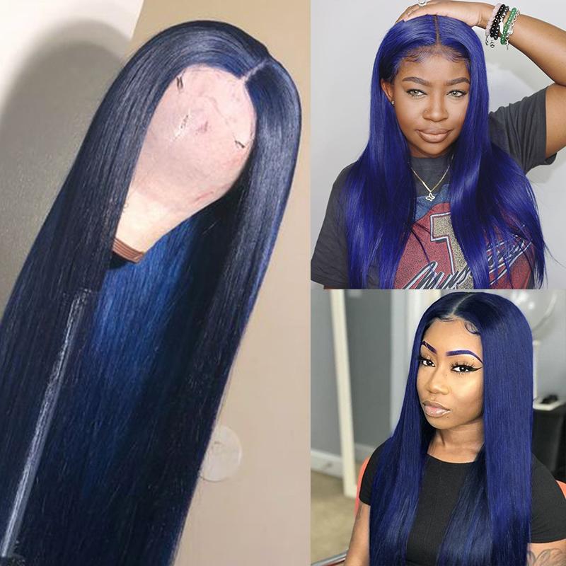 

Dark Blue Human Hair T Part Lace Wigs 180% Density Pre Plucked Deep Part Lace Front Human Hair Wig Brazilian Remy Bleached Knots, As pic