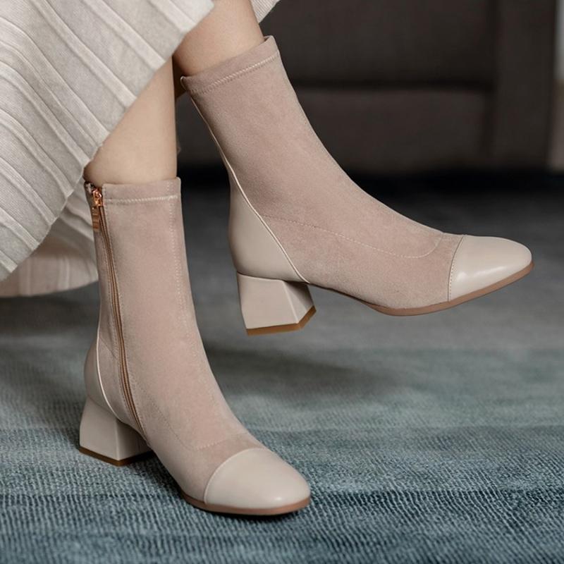 

SIMLOVEYO Women Ankle Boots Square Toe 5cm Nubuck Zip Patchwork Solid Cozy Stylish Big Size 31-43 Spring Autumn Office B2152, Grey