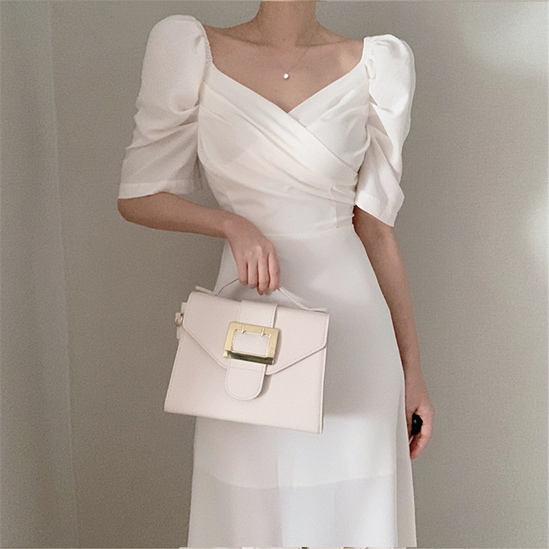 

2021 New Fancy Korean with Vintage Cleavage Waist High Puff Chiffon Summer Long Holiday Elegant White Party Dress LF0D, Pink