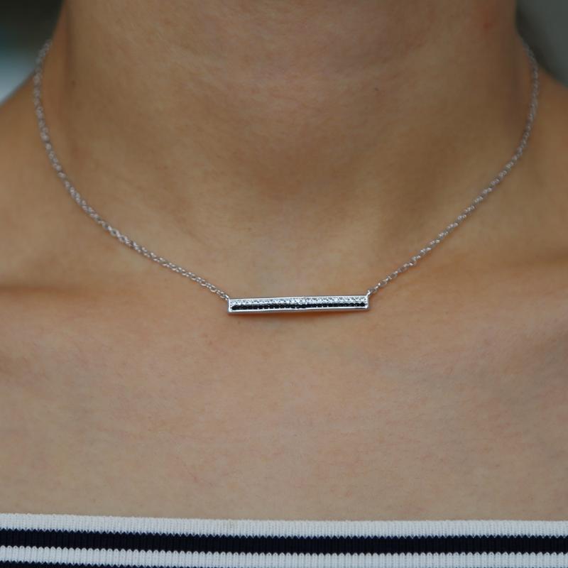 

Women lady beautiful bar necklace with black white cz paved long pendant necklace with delicate link chain for wedding