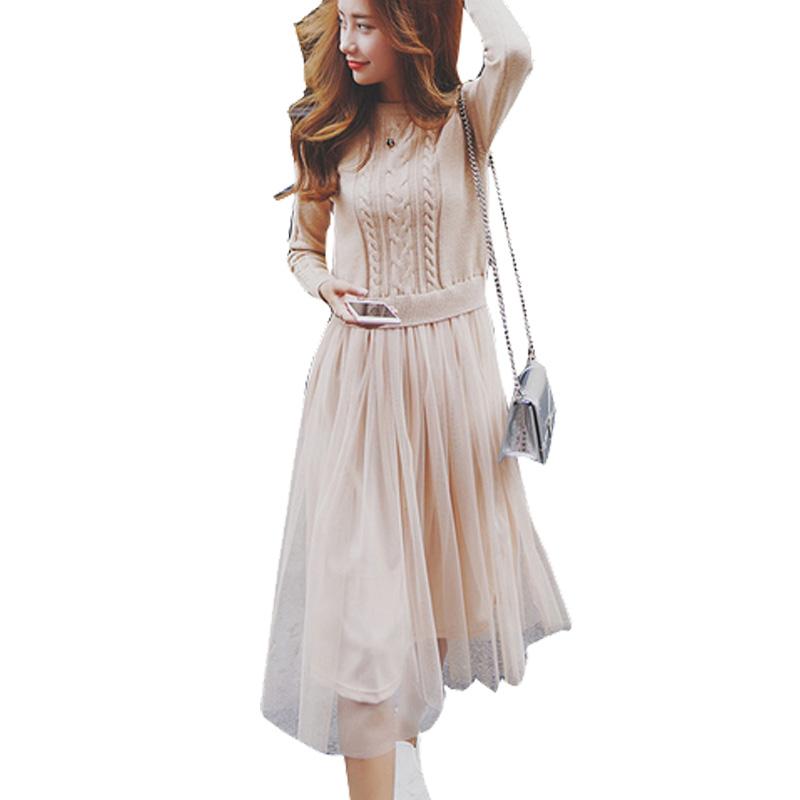 

Casual Dresses 2022 Korean Winter Dress Elegant Long Sleeve Christmas Women Autumn Knitted Sweater Mesh Female Black Beige, Black;gray